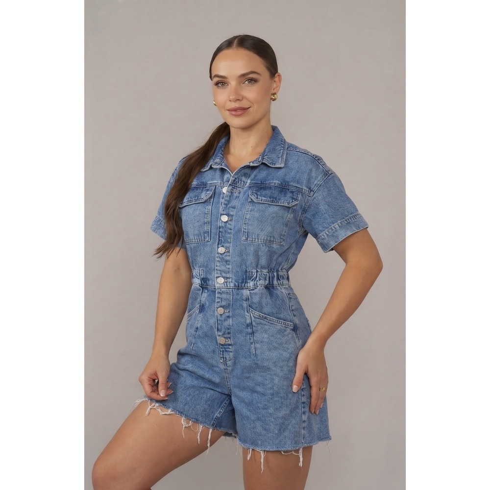 We The Free Free People Denim Romper Light Wash Short Sleeve Button Front XS